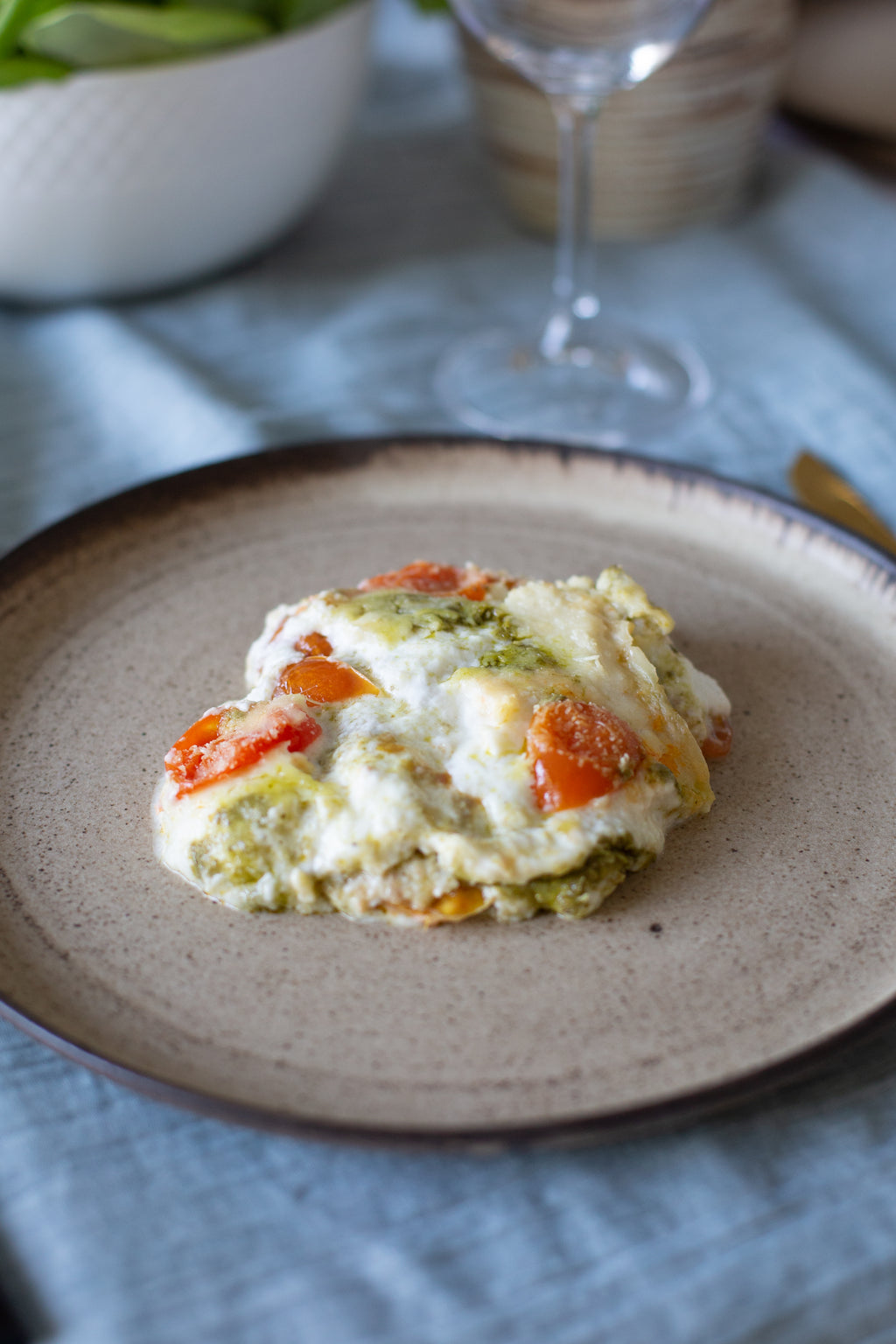 Lasaña de Panqueques con Tomate Cherry, Ricotta y Pesto