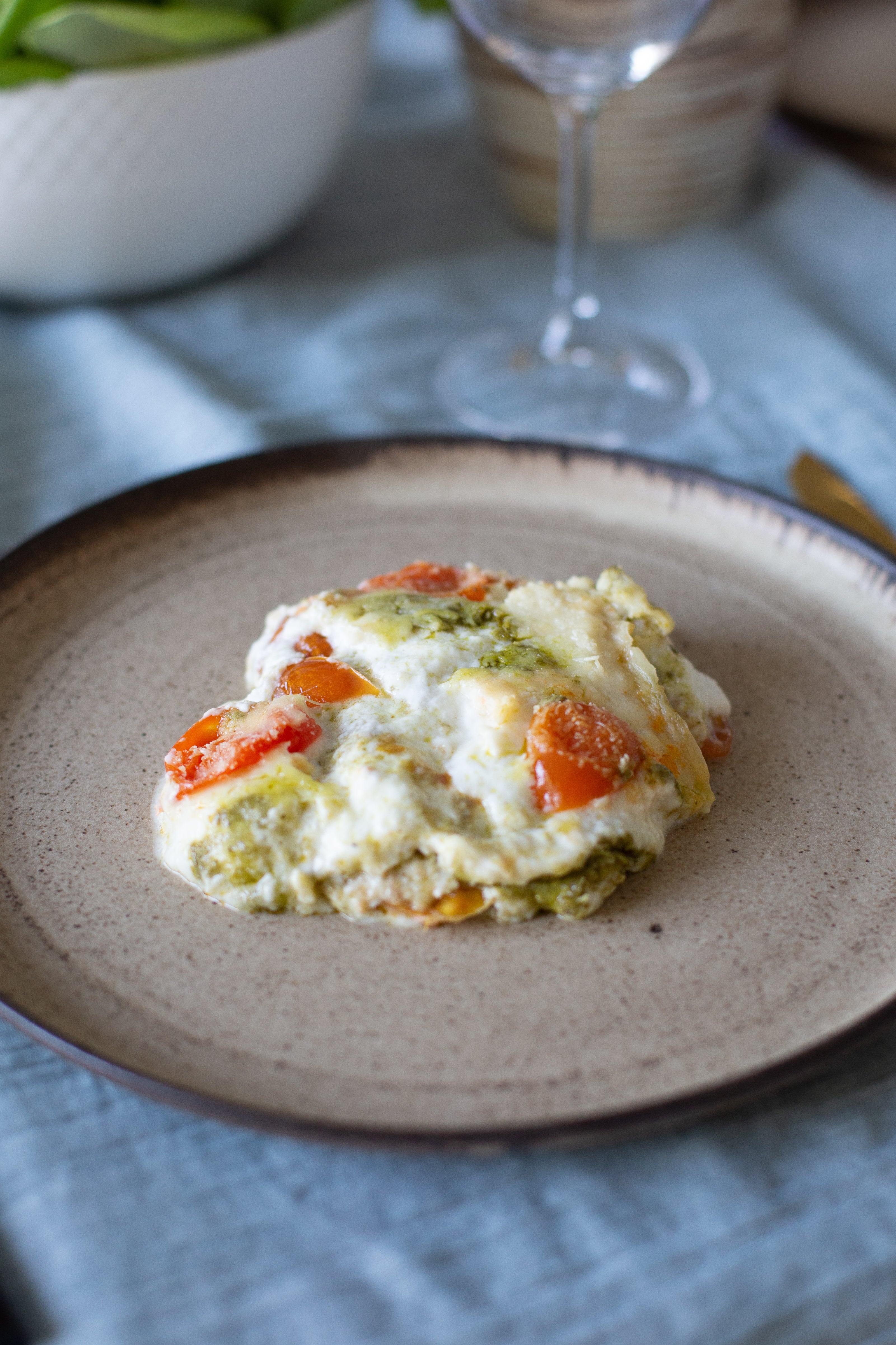 Lasaña de Panqueques con Tomate Cherry, Ricotta y Pesto