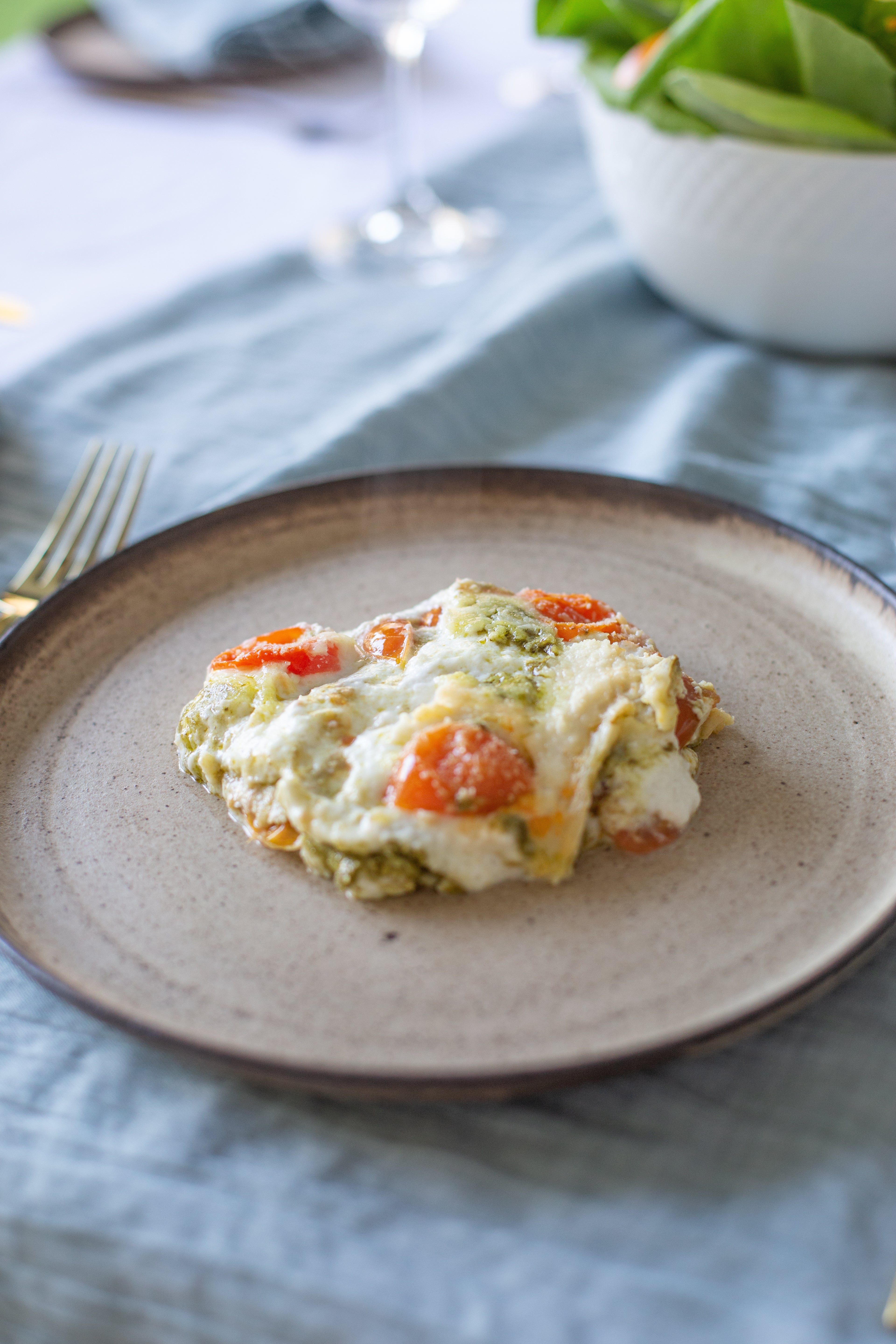 Lasaña de Panqueques con Tomate Cherry, Ricotta y Pesto
